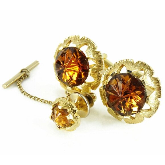 Cufflinks Set with Tie Tack Pin Round Floral Design Brown Faux Topaz Stone - Picture 2 of 4